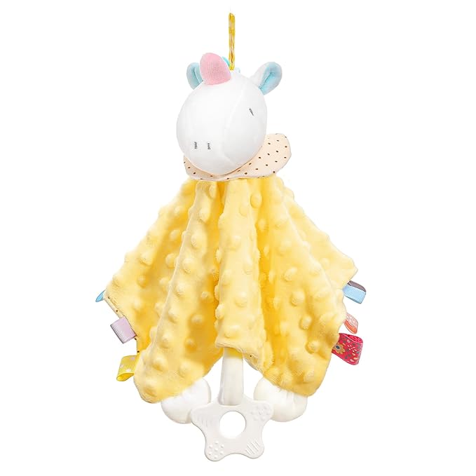 Zooawa Loveys for Babies, Security Blanket Soft Stuffed Animal Lovey Unisex Lovie Baby Stuff Snuggle Blanket with Tags Teether Bells, Soothing Plush Toys Baby Gift for Newborn, Yellow Unicorn