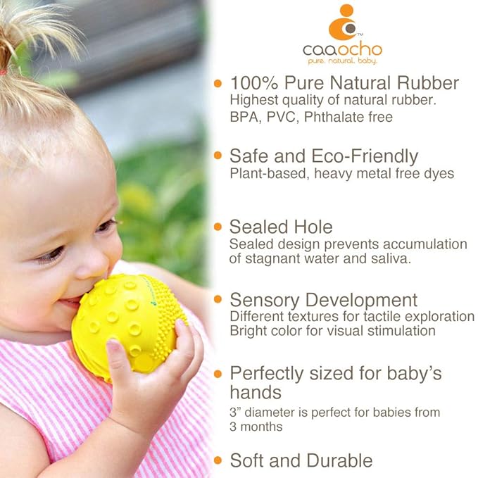 caaocho Pure Natural Rubber Sensory Ball Sunshine 3" - Sealed Hole, BPA Free Baby Ball Toy, for Sensory Play, for Sensory Development, Hole Free Baby Toy, Perfect Bouncer, Without Hole