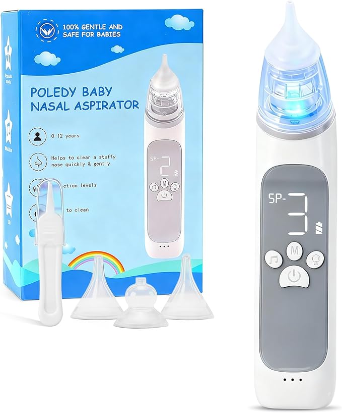 Electric Nasal Aspirator for Baby,POLEDY Waterproof Nose Sucker for Toddlers, Nose Cleaner with 3 Silicone Tips,3 Adjustable Suction Levels, Baby Booger Sucker with Music-Light Soothing Feature ﻿