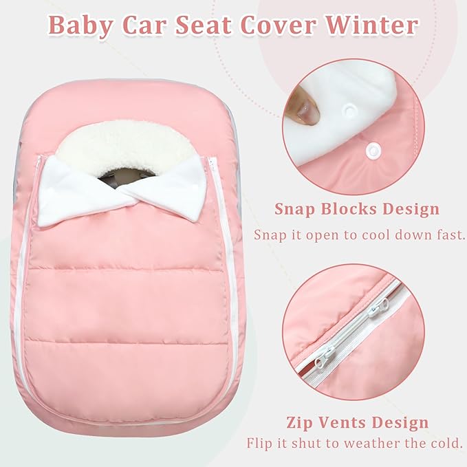 Car Seat Cover Baby Winter, Waterproof Carseat Covers Newborn Girl, Windproof Infant Car Seat Cover Warm & Breathable Use Universal Pink