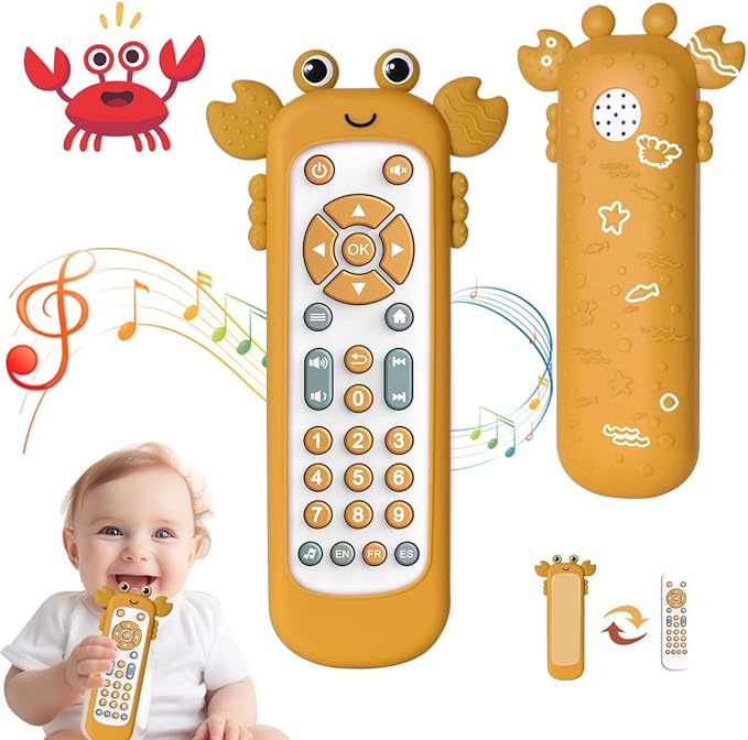Baby TV Remote Control Toy with Cute Crab Soft Silicone Cover Teething Toy, Realistic Baby Musical Remote Control Toy with Light ＆ Sound, Educational Toys with 3 Language for 6m+Toddlers(Yellow)