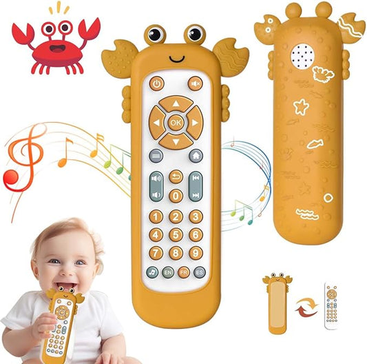 Baby TV Remote Control Toy with Cute Crab Soft Silicone Cover Teething Toy, Realistic Baby Musical Remote Control Toy with Light ＆ Sound, Educational Toys with 3 Language for 6m+Toddlers(Yellow)