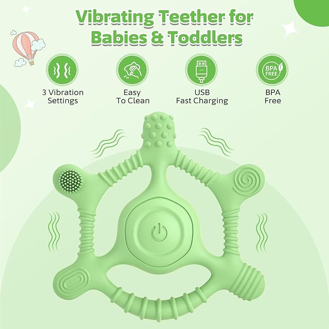 Vibrating Teether for Baby | Sensory Toys for Kids with Autism | Toddler Travel Essential Teething Toys for Babies 6-18 Months, USB Chargeable & 3X Gentle Vibration Settings (Green)