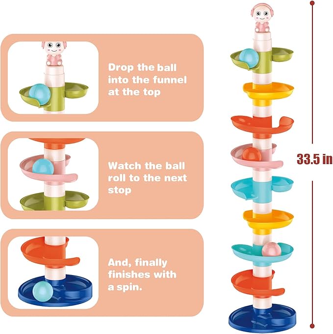 FUN LITTLE TOYS Ball Drop Toys for Toddler 1-3, 9 Layer Roll Swirling Ball Tower with 3 Balls, Ball Run Ramp for Baby Learning Development Educational Activities Toy Birthday Gift