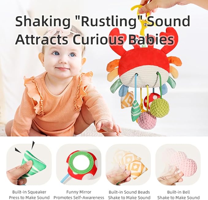 Crab Car Seat & Stroller Toy for Babies 0-12 Months, Sensory Hanging Toy with Rattle, Mirror, Squeaker, BPA-Free Pull Strings, Fine Motor Skills Baby for Newborn Infant Boy Girl