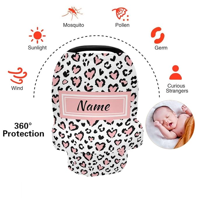 Custom Leopard Pink Heart Baby Car Seat Cover Personalized Your Name Nursing Covers Breastfeeding Scarf Infant Carseat Canopy for Mom Baby Gift