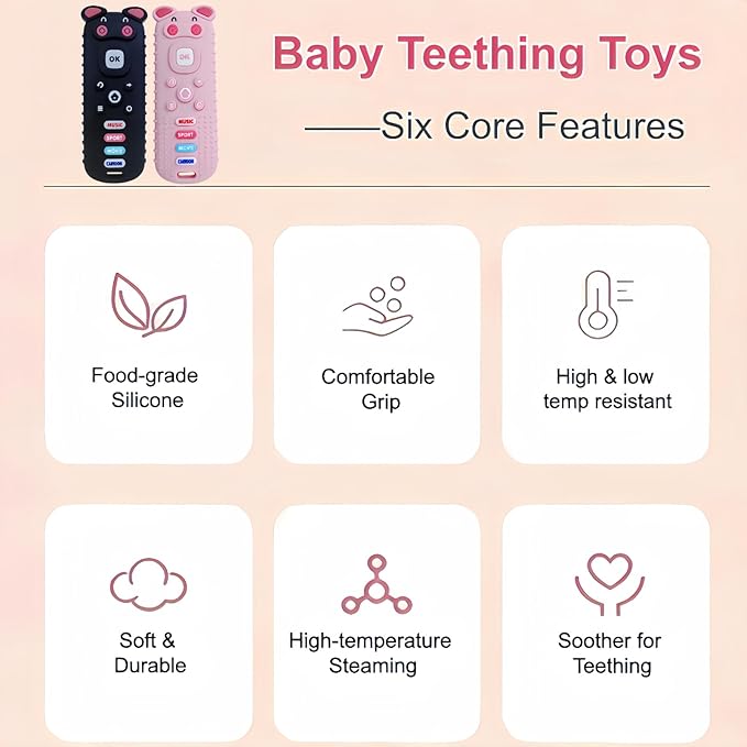 2Pcs Baby Teething Toys, BPA-Free Food Grade Silicone Baby Remote Control Teething Toy for 3-18 Months, Baby Remote Teether, Newborn Teething Relief TV Remote Pig Shaped Toy (Pig Black&Pink)
