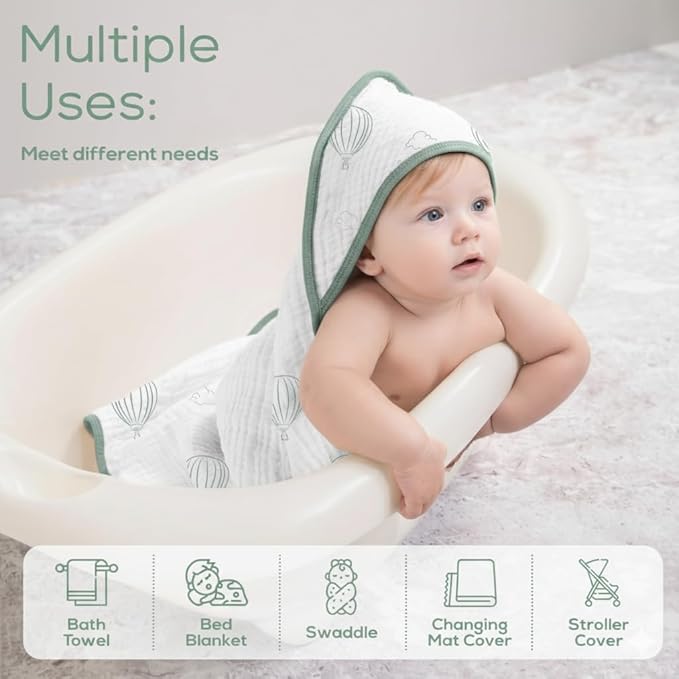 Muslin Hooded Baby Towels for Newborns, 32"x32", 100% Cotton – 6 Layers Super Soft Absorbent Breathable, Baby Bath Towel, Toddler Bath Towel – Pack of 2
