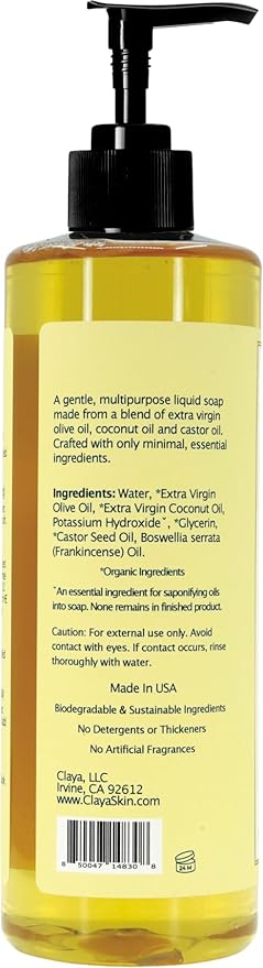Claya Liquid Castile Soap – Organic Ingredients, Biodegradable, Gentle for Sensitive Skin and Versatile Use (16 fl oz (Pump Cap), Frankincense)