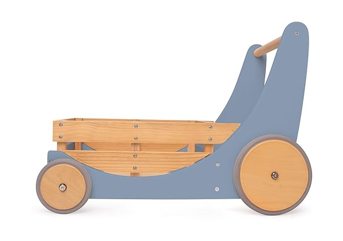 Kinderfeets 2-in-1 Wooden Cargo Walker Cart Wagon with Adjustable Rubber Wheels and Removable Basket for Children and Toddlers (Blue)