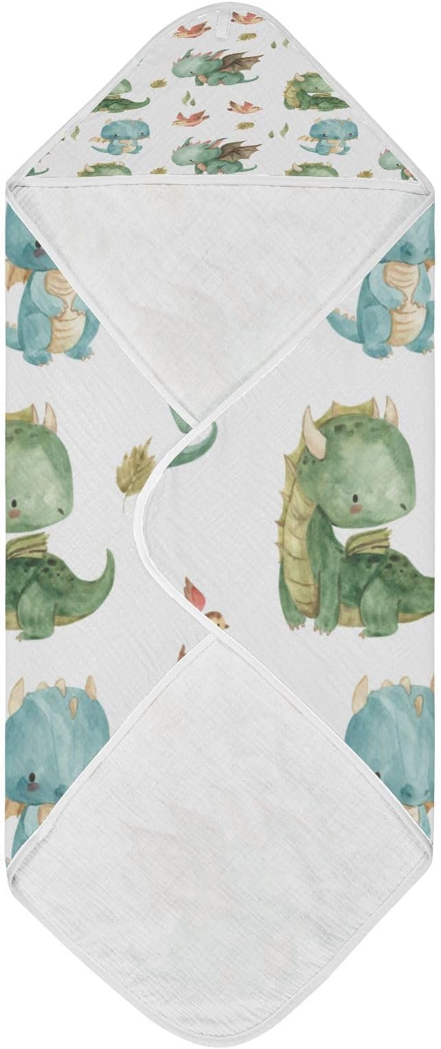 Kigai Cute Dragon Muslin Hooded Baby Towel Ultra Soft and Absorbent Bath Towel for Boy Girl Cotton Baby Bathrobe Blanket for Newborn Infant Toddler, 30x30 Inch