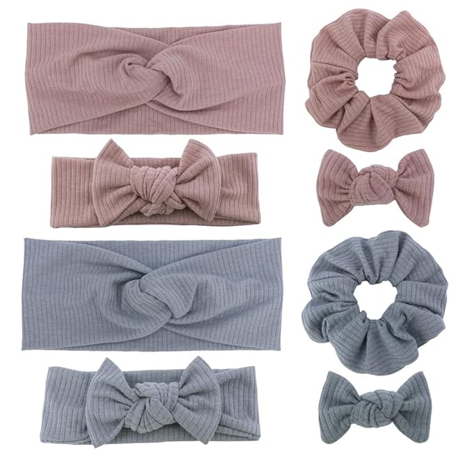 Sugarmelon Mommy and Me Headband Set Mother Baby Matching Turban Headbands for Toddler Baby Girls Women Scrunchies Hair Bow Hairbands (Vanilla and Smoke Blue)
