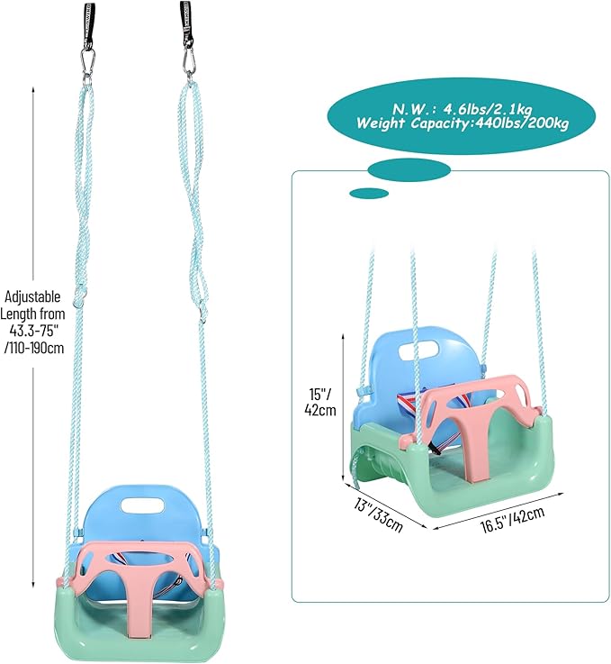 RedSwing 3-in-1 Baby Swing Seat, Toddler Swings, Anti-Flip Snug & Secure Detachable Infants to Teens Kids Swing Seat for Outside Playground, Blue Green Pink