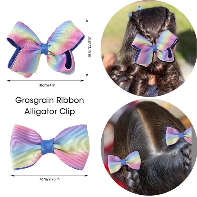 JIAHANG Baby Girls 4 Inch Grosgrain Ribbon Hair Bow Headband and Alligator Clips Set, Colorful Hair Bow Accessories for Children Toddler School Girls 4Pcs Gift Set (Gradient1)