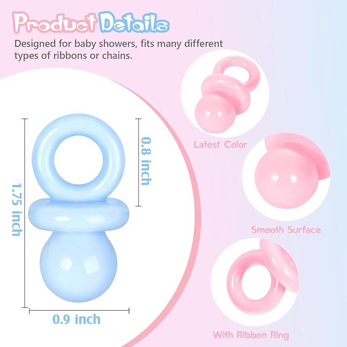 24 Pcs Baby Shower Pacifiers, 1.75 Inch Plastic Pacifiers for Baby Shower Game Girl Boy, Bulk Pacifier for DIY Decoration, Gender Reveal Table Scatter, Hunt Game Props, Party Favors(Pink&Blue)