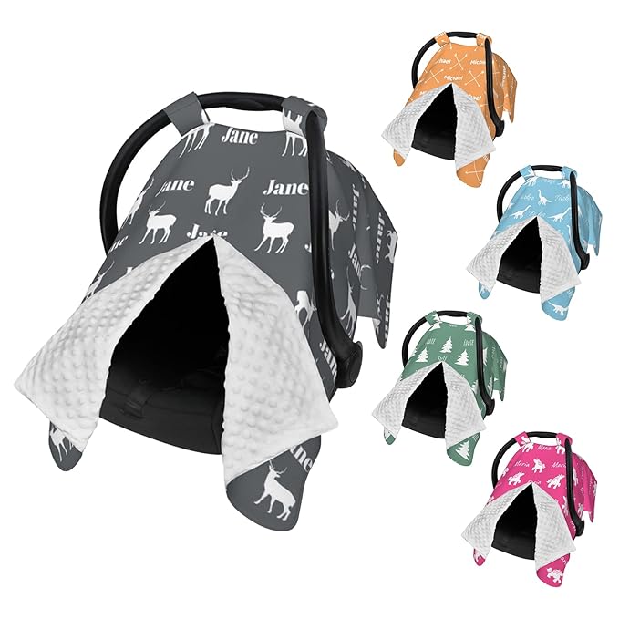 Personalized Baby Car Seat Covers with Name and Pattern for Girls and Boys, Customized Carseat Canopy, Peekaboo Opening Minky Nursing Breastfeeding Cover Car Seat Canopies for Newborn Infant Toddler