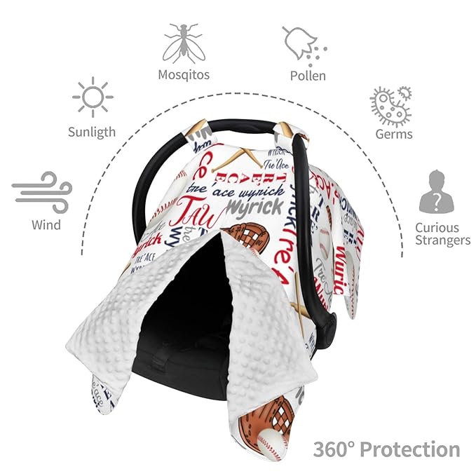 Personalized Baseball Sports Baby Car Seats Canopy for Babies with Name, Custom Monogram Car Seat Covers for Boys Girls, Opening Minky Nursing Breastfeeding Cover Infant Carseat Canopies for Newborn