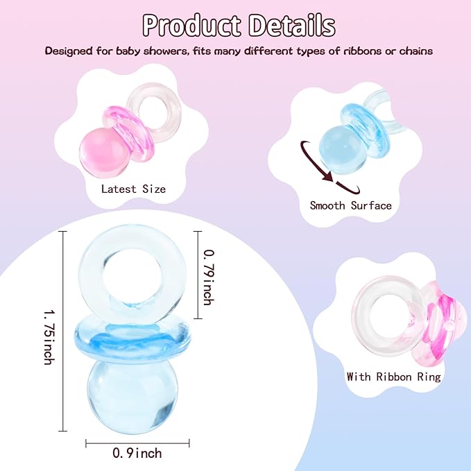 36 Acrylic Pacifiers for Baby Shower Game Boy and Girl, 1.75 Inch Cute Baby Shower Pacifiers for Baby Shower Decoration DIY, Gender Reveal Party Table Scatter, Baby Shower Favors (Blue&Pink)