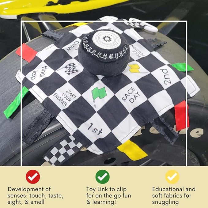 Baby Jack & Co 10x10” Racing Sports Lovey Sensory Plush Blanket - Tag Toy for Babies - Baby Stroller Toys - Learn Shapes, Letters & Colors - MVP Baby Tire Toy & Baby Sports Gift w/Stroller Clip
