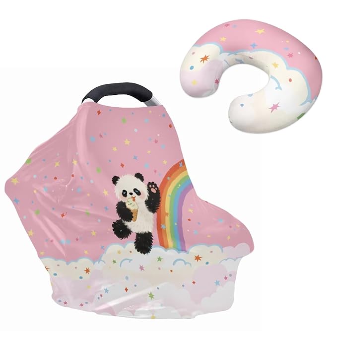 Panda Baby Car Seat Cover Cute Nursing Breastfeeding Covers Soft Breathable Vibrant Nursing Pillow Cover Boys & Girls Shower Gifts 2PCS Pink