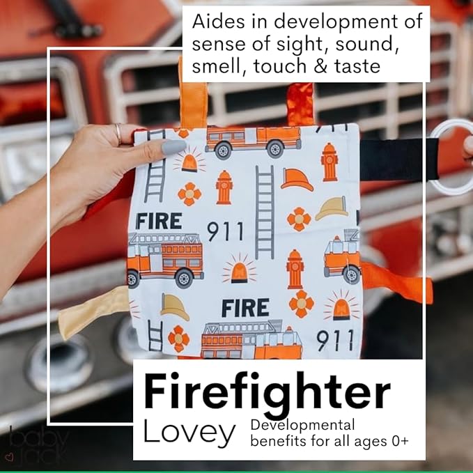 Baby Jack & Co 8x8” Fire Lovey Tag Toys for Babies - Baby Crinkle Toys - Crinkle Toys for Baby - Soft & Safe - Learn Shapes & Colors - Ideal Baby Toy - BPA Free w/Stroller Clip