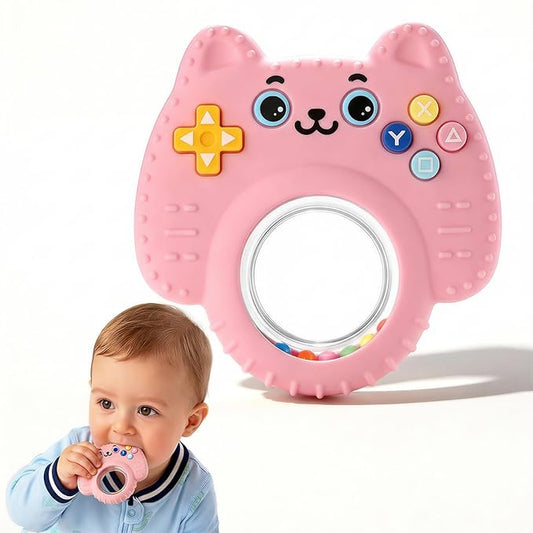 Baby Teether Toy Silicone Cat Teething Ring -Game Controller, Baby Rattle Toy Chew Sensory Toys for Babies Over 3 Months, Teething Relief for Newborn Infant Essentials 0-6 6-12 Months, BPA Free -Pink