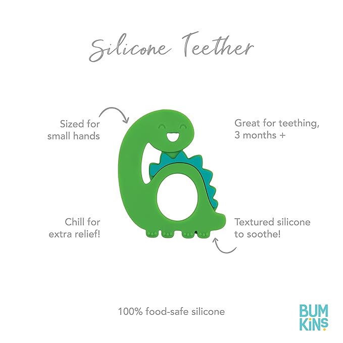 Bumkins Baby Teething Freezer Toy Keys Rings, Soft Flexible Silicone Pacifier, Safe to Chew, Cool Teether Gum Relief, Essentials for Babies 3 Months, Freezable, Sensory Textured, Dinosaur Green