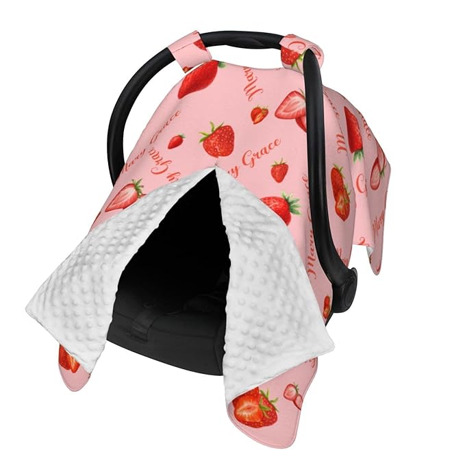 Personalized Strawberry Baby Car Seat Canopy for Girls – Custom Name Minky Nursing Cover, Infant Carseat Canopy, Opening Breastfeeding Stroller Cover for Newborn Baby Gift