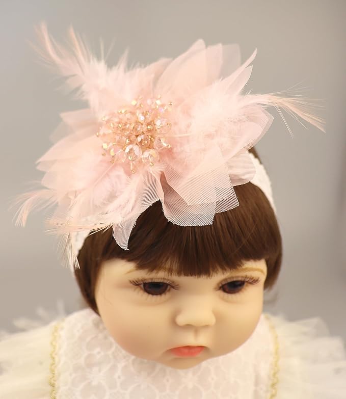 Bethynas Baby Girls Lace Feather Headband Beads Gauze Flower Elastic Toddler Hairband Birthday Party Princess Hair Accessories for Newborn Infant (Pink)