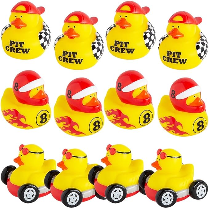 Fun Express Race Car Driver Rubber Duckies – Fun Toys and Party Favors for Kids - Birthdays Weddings and Special Events – Perfect for Celebrations - Goodie Bags and More – 12 Pieces