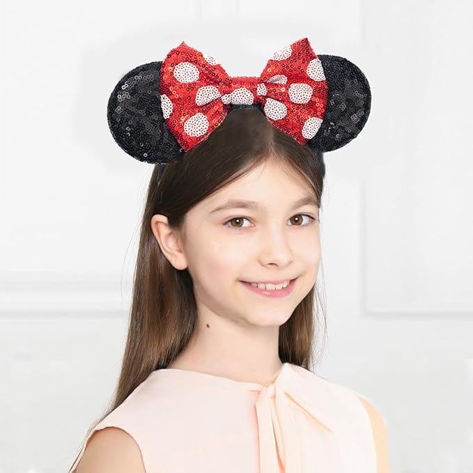 JIAHANG Adjustable Mouse Ears Sequin Bow Headband with Polka Dot, Party Festival Fashion Hair Band for Baby Girls Toddler, Kids Party Supplies