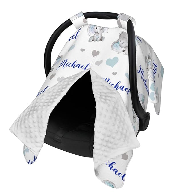 Personalized Baby Car Seat Canopy, Custom Name Elephant Infant Car Seat Cover, Nursing Breastfeeding Stroller Cover, Newborn Gift for Boys