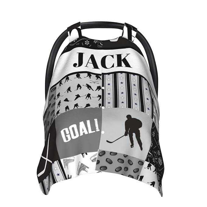 Custom Baby Car Seat Canopy with Name, Personalized Baby Car Seats Covers for Baby Boy, Hockey Black Opening Minky Nursing Breastfeeding Cover for Infant, Carseat Canopies for Newborn