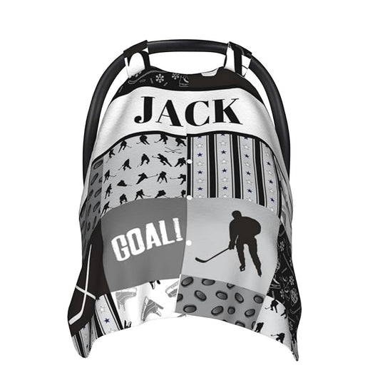 Custom Baby Car Seat Canopy with Name, Personalized Baby Car Seats Covers for Baby Boy, Hockey Black Opening Minky Nursing Breastfeeding Cover for Infant, Carseat Canopies for Newborn