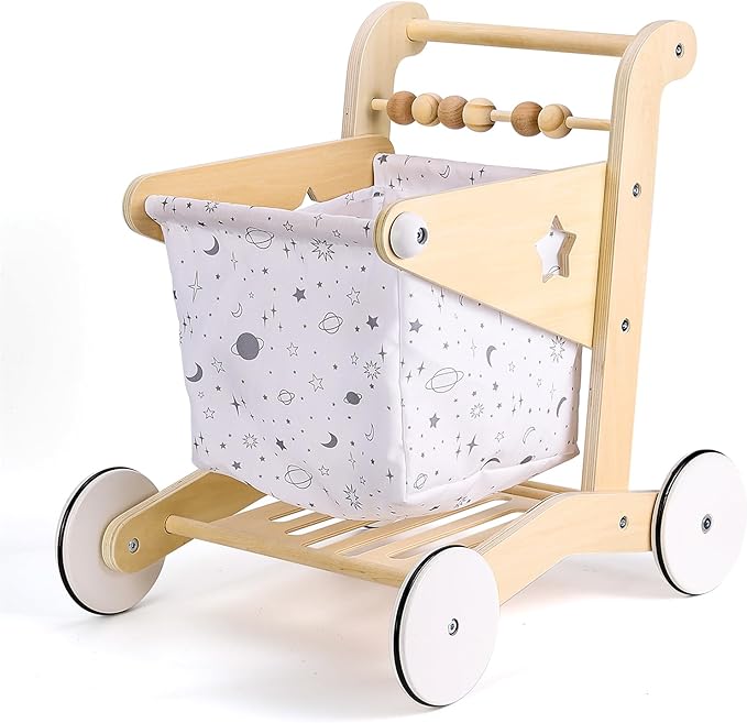 Woodtoe Wooden Baby Walker Doll Stroller, Adjustable Speed Shopping Cart for Toddlers 1-3, Baby Push Walker, Pretend Play Grocery Wagon, Baby Push Toys, Montessori Birthday Toy Gift for 1 2 3 Year Old