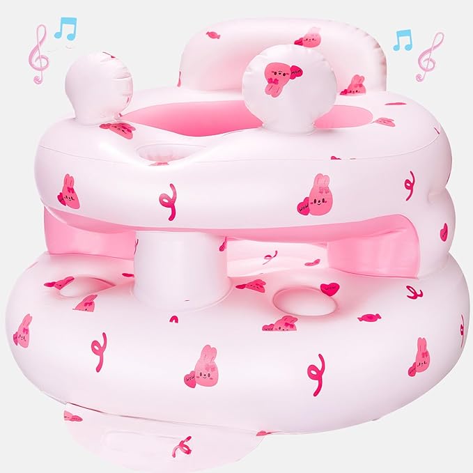 Inflatable Baby Seat for Babies 3-36 Months，[Squeaky Sound & Anti-Fall Design] Inflatable Chair with Sound-Making Ears, Baby Seat for Sitting-Up Practice, Built-in Air Pump (Pink Bunny)
