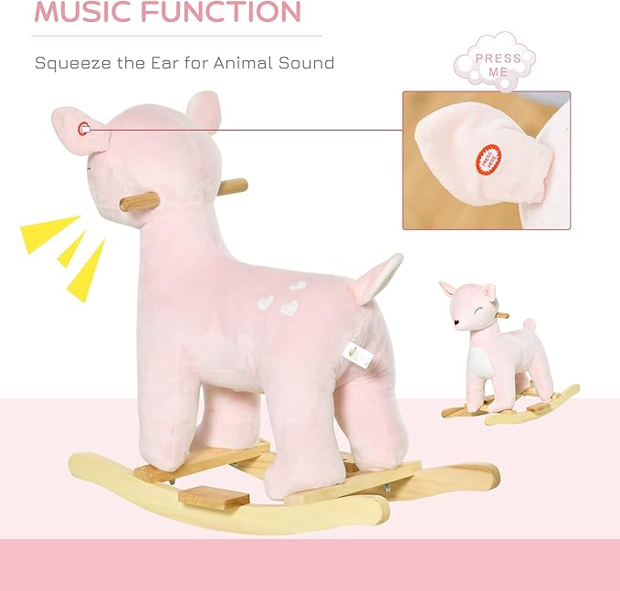 Qaba Kids Plush Ride-On Rocking Horse Deer-Shaped Plush Toy Rocker with Realistic Sounds for Child 36-72 Months Pink