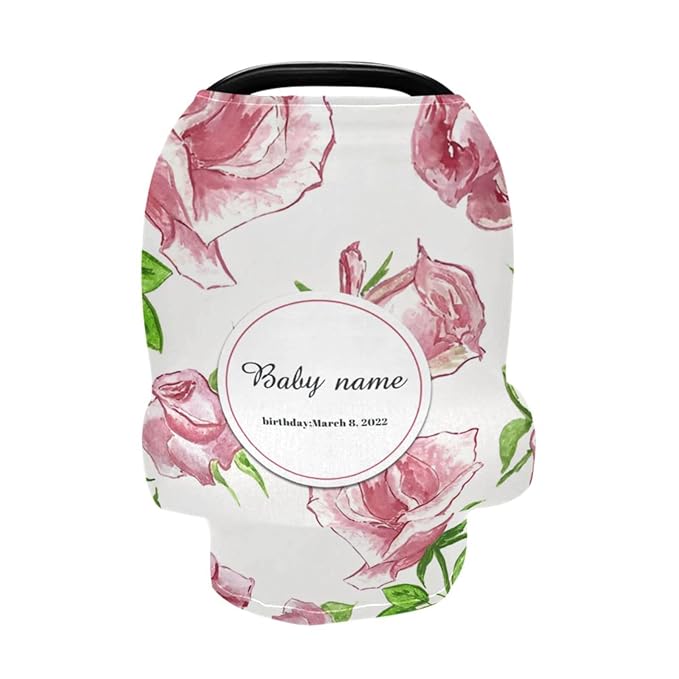 Personalized Baby Car Seat Cover for Babies, Custom Name Baby Car Seats Canopy for Girls, Nursing Breastfeeding Stroller Covers for Infant Newborn, Shower Gift (Rose Flower)