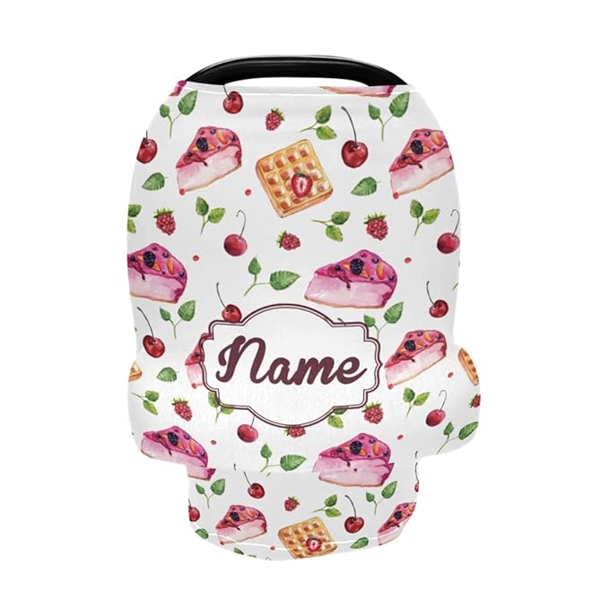 Personalized Baby Car Seat Covers for Girls, Customized Carseat Cover with Name, Infant Stroller Canopy Carrier Cover, Nursing Cover Breastfeeding Scarf for Newborn Babies, Fruit Cake Pattern