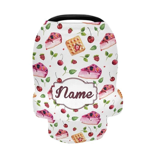 Personalized Baby Car Seat Covers for Girls, Customized Carseat Cover with Name, Infant Stroller Canopy Carrier Cover, Nursing Cover Breastfeeding Scarf for Newborn Babies, Fruit Cake Pattern