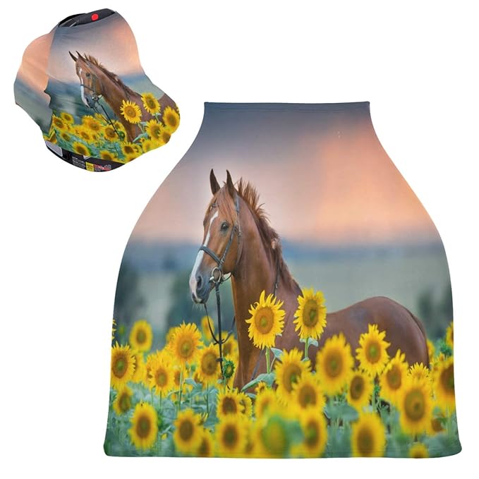 Horse Sunflowers Baby Car Seat Covers, Nursing Cover Breastfeeding Scarf Soft Breathable Stretchy Coverage, Infant Stroller Cover for Boys Girls