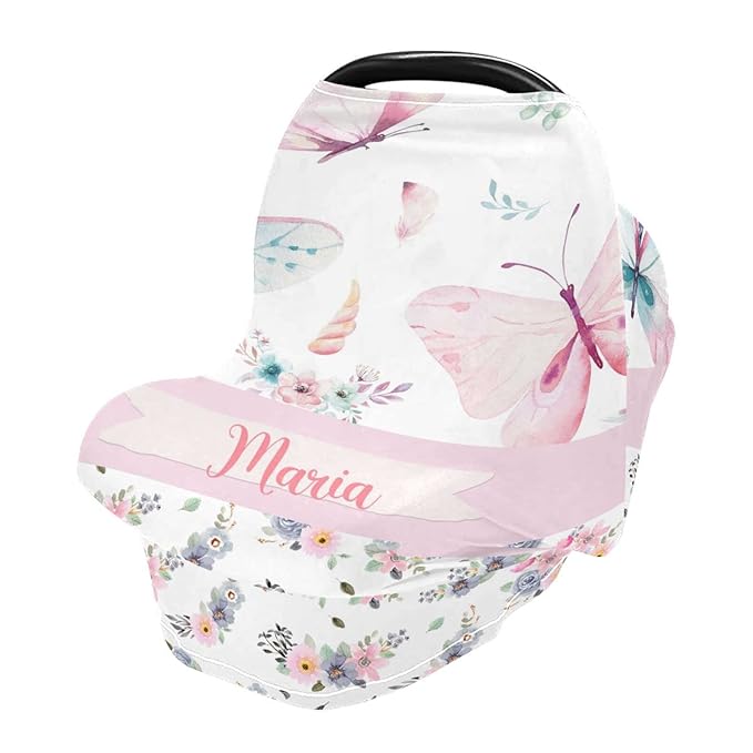 Personalized Baby Car Seat Cover for Girls, Custom Nursing Covers for Breastfeeding with Name, Infant Stroller Cover, Baby Carseat Canopy for Newborn, Multiuse Car Seat Canopies, Floral Butterfly