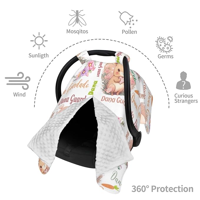 Personalized Cute Rabbit Baby Car Seat Cover for Girl, Customized Name Nursing Covers Breastfeeding Scarf, Multi Use Infant Carseat Canopy for Newborn Carrier/Stroller/Shopping Cart/High Chair