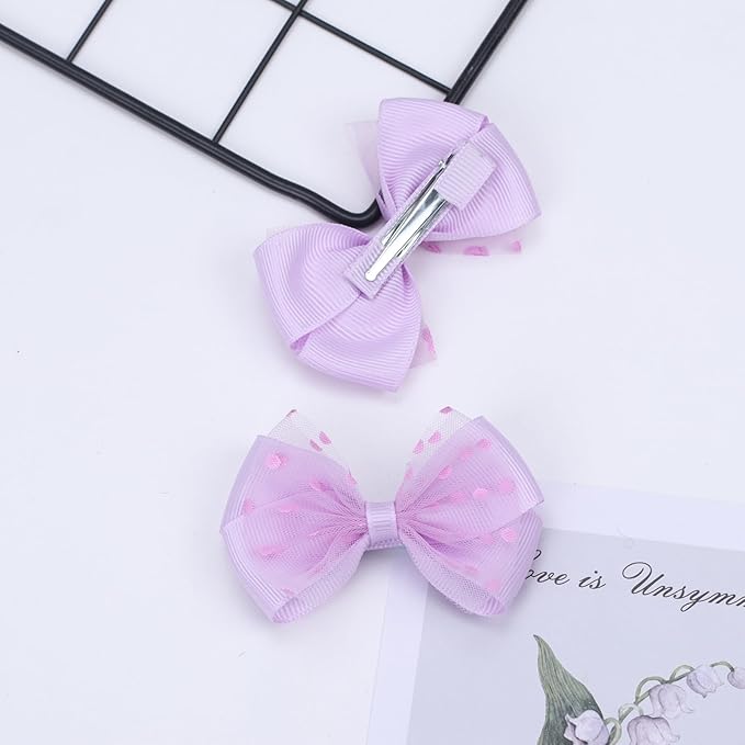 Tiny 3 Inch Dot Organza Double Hair Bow Clips - Cute Lined Boutique Alligator Hairpin for Girls, Toddlers, and Little Teens - Kids Barrettes Set of 2 Small Stylish (Purple)