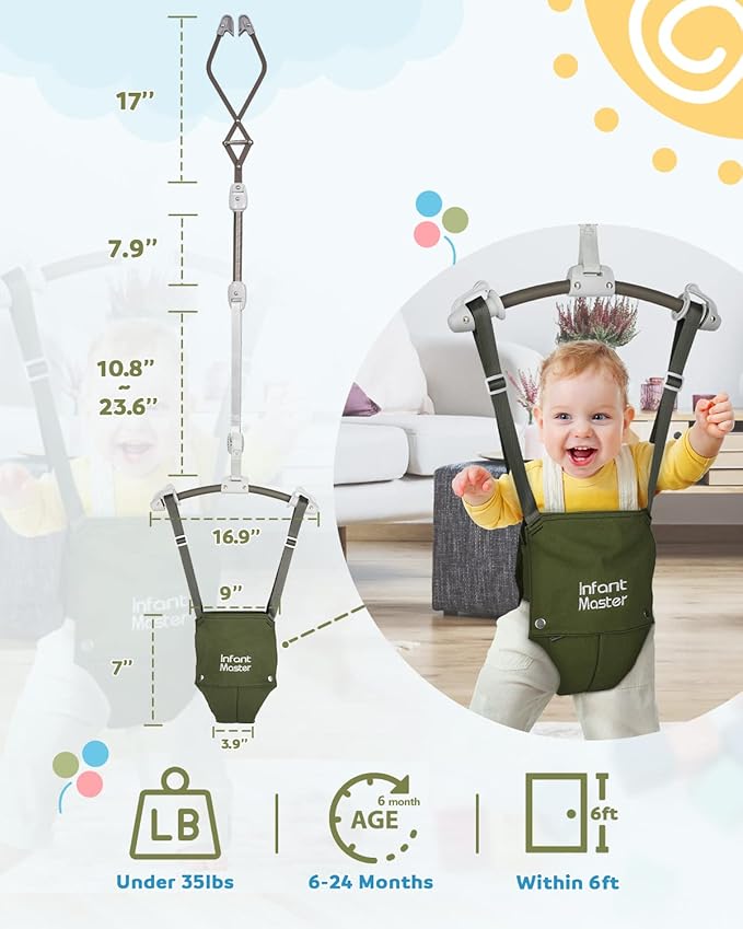 Master Baby Doorway Jumper - Sturdy with Adjustable Strap, Soft Johnny Bouncer Seat, Ideal Gift for Infant, Free Installation, Green