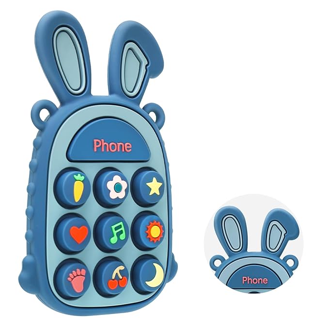 MISSLILI Teething Toys for Babies, BPA-Free Silicone Teether Toy for Infants, Cute Rabbit Phone Design with Easy-Grip Ears, Soothing Gums and Push Pop for Boy and Girl