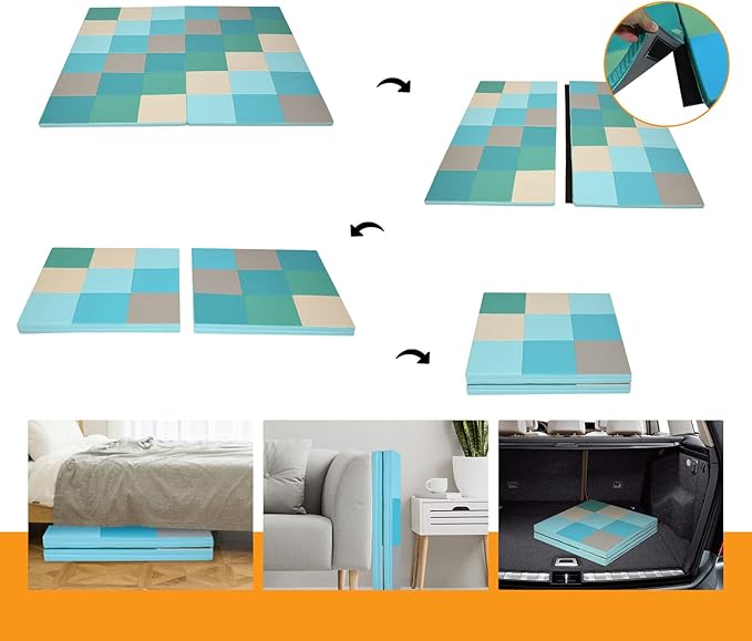 OLAKIDS Baby Foam Play Mat, Foldable 58'' x 58'' Toddler Collapsible Crawl Floor Mat, Waterproof Soft Thick Patchwork Play Mat for Kids Gym Nursery Playroom (Blue)