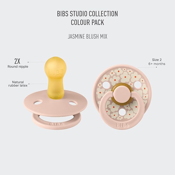 BIBS Pacifiers - Studio 2 Pack | Round Nipple Baby Pacifier | BPA Free Natural Rubber Latex Soother | Made in Denmark | Size 6+ Months | Jasmine Blush