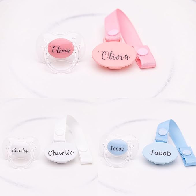 Personalized Pacifier and Pacifier Clip Pink (0-6 or 6-18 Months) BPA-Free CAN BE STERILIZED 3 Nipple Shapes (6-18 Months)
