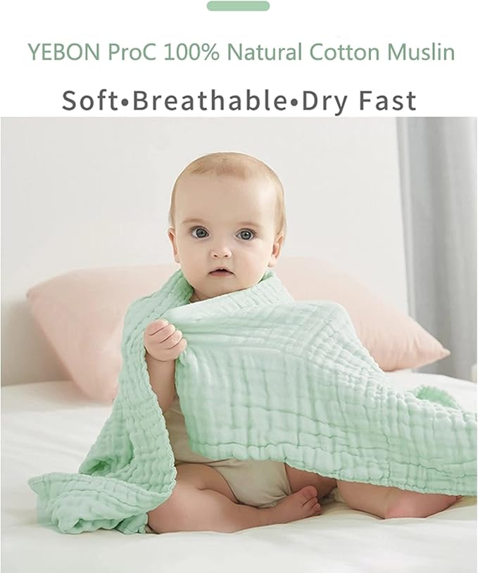 YEBON ProC 2Pcs Baby Muslin Bath Towels, Super Soft Cotton Bath Towel 6 Layers Infant Newborn Swaddle Blanket 41.3 X41.3 Inches,Baby Registry as Shower (Green)